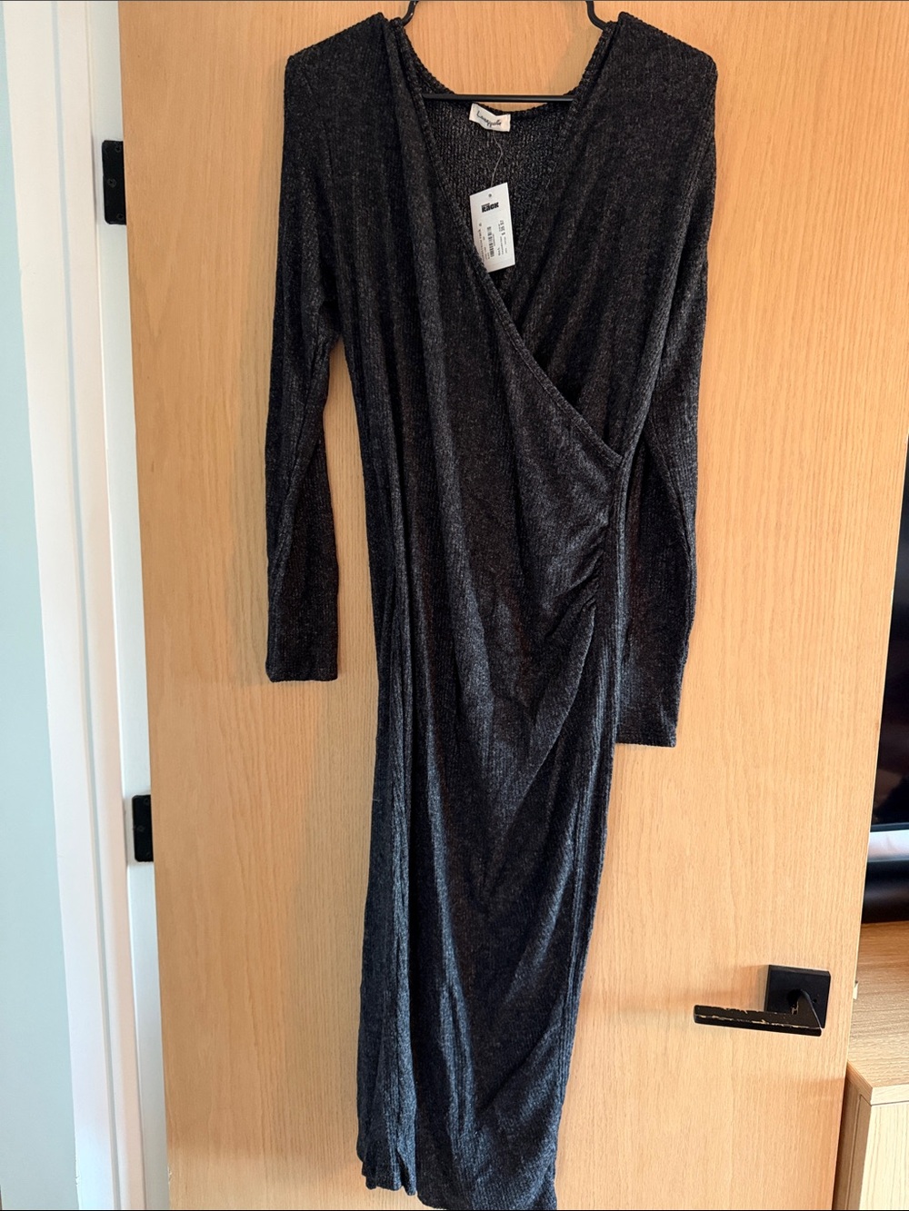 Loveappella - Black Sparkle Wrap-Style Long Sleeve Midi Dress